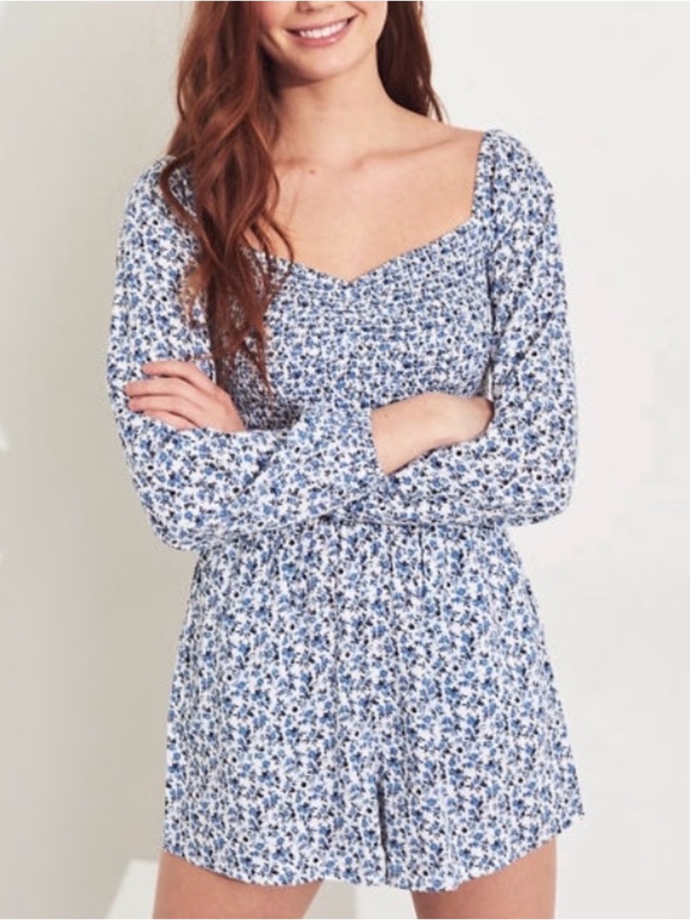 Hollister Blue and White Floral Long-Sleeve Romper